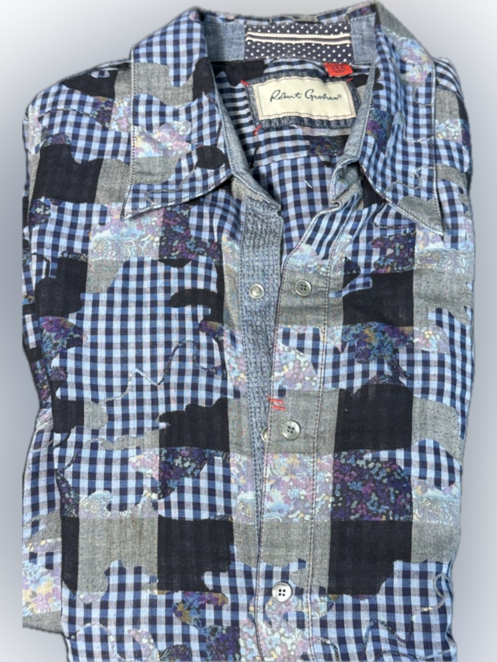Robert Graham Blue and Black Patchwork  Snap Button-Down Shirt size XXL